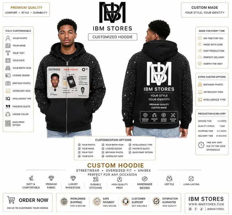 Custom License Photo Hoodie – Personalized Oversized Rhinestone Zip Hoodie | IBM STORES