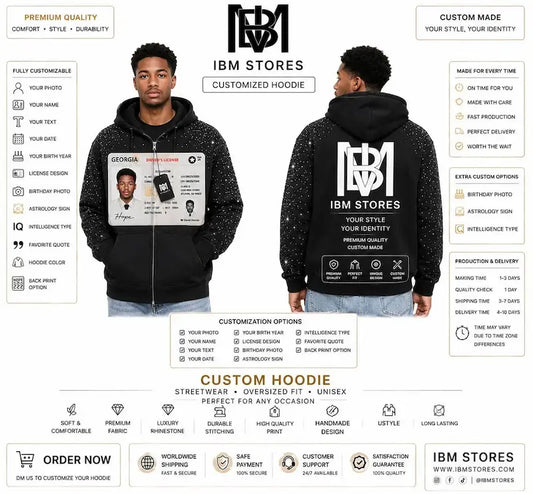 Custom License Photo Hoodie – Personalized Oversized Rhinestone Zip Hoodie | IBM STORES
