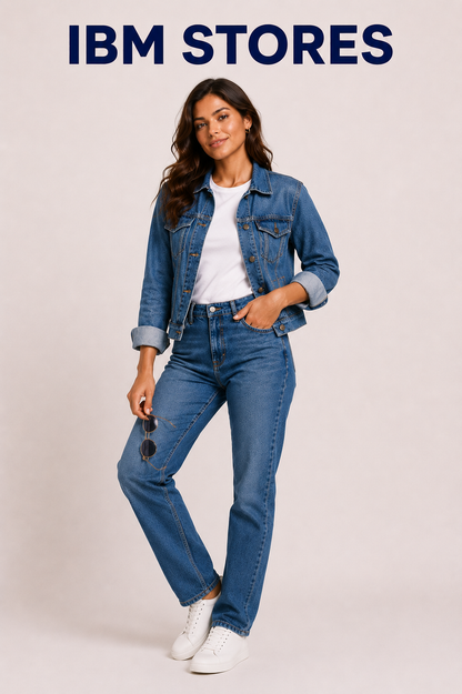 Women’s Blue Denim Jacket & Wide Leg Jeans Set – Casual Streetwear Outfit | IBM STORES