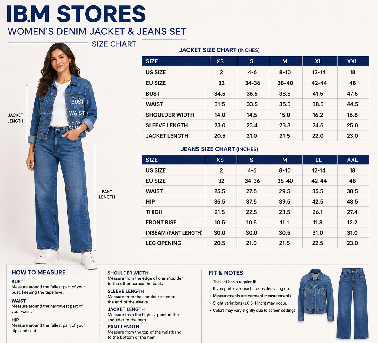 Women’s Blue Denim Jacket & Wide Leg Jeans Set – Casual Streetwear Outfit | IBM STORES